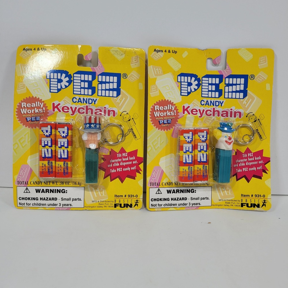 Vintage 1998 Pez Candy Keychains Uncle Sam & Clown Basic Fun 931-0 New NIP